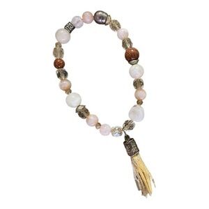 Beaded Gemstone Stretch Bracelet with Decorative Tassel Charm and Natural Stones